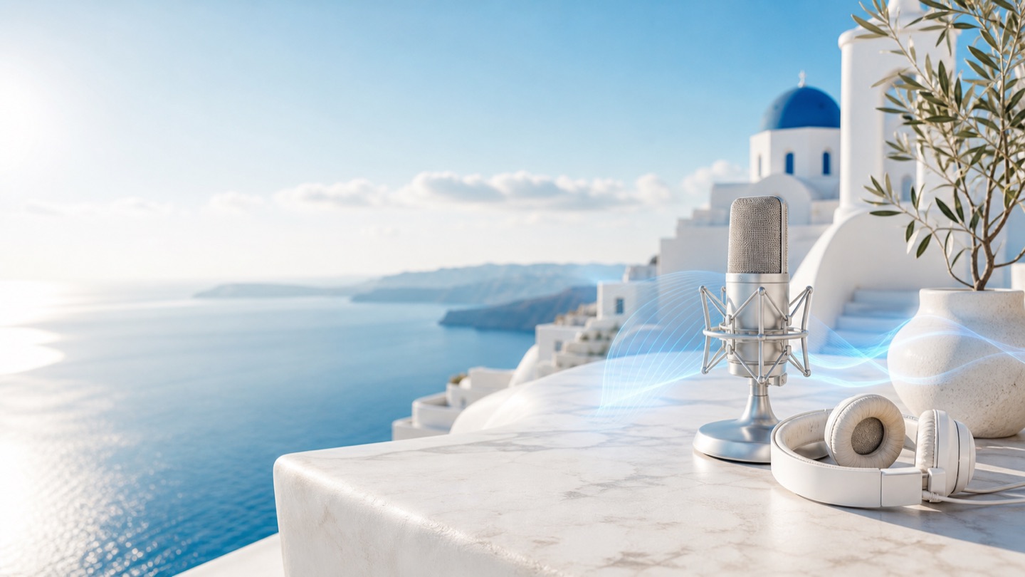 Σαντορίνη με θάλασσα, μπλε τρούλους, μικρόφωνο και ακουστικά