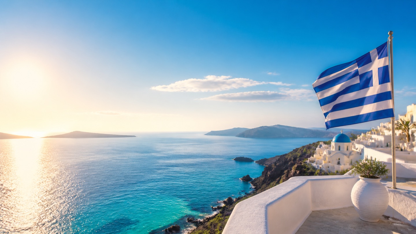 Καλοκαιρινή θέα στην Ελλάδα με ήλιο, θάλασσα, λευκά σπίτια και ελληνική σημαία
